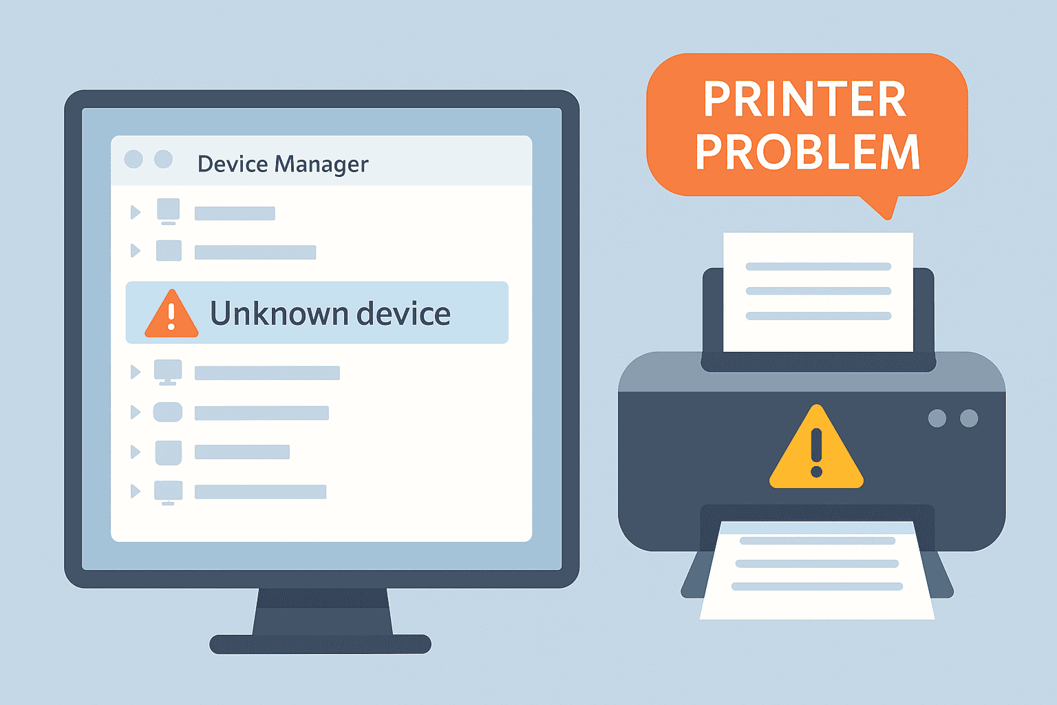A Device Manager screen shows an “Unknown device” warning next to a printer labeled with “PRINTER PROBLEM.”