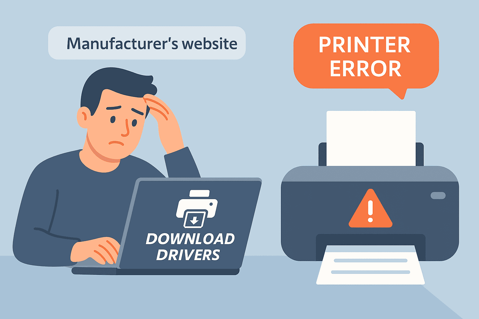 A user looking frustrated while downloading drivers from the “Manufacturer’s website” with a printer next to him displaying a “PRINTER ERROR.”