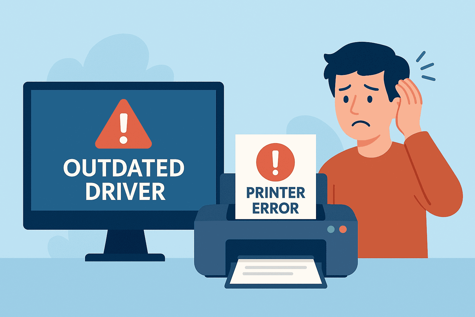 A computer monitor displays a bright “OUTDATED DRIVER” warning, while the adjacent printer outputs a paper labeled “PRINTER ERROR.” A confused user stands beside the setup.