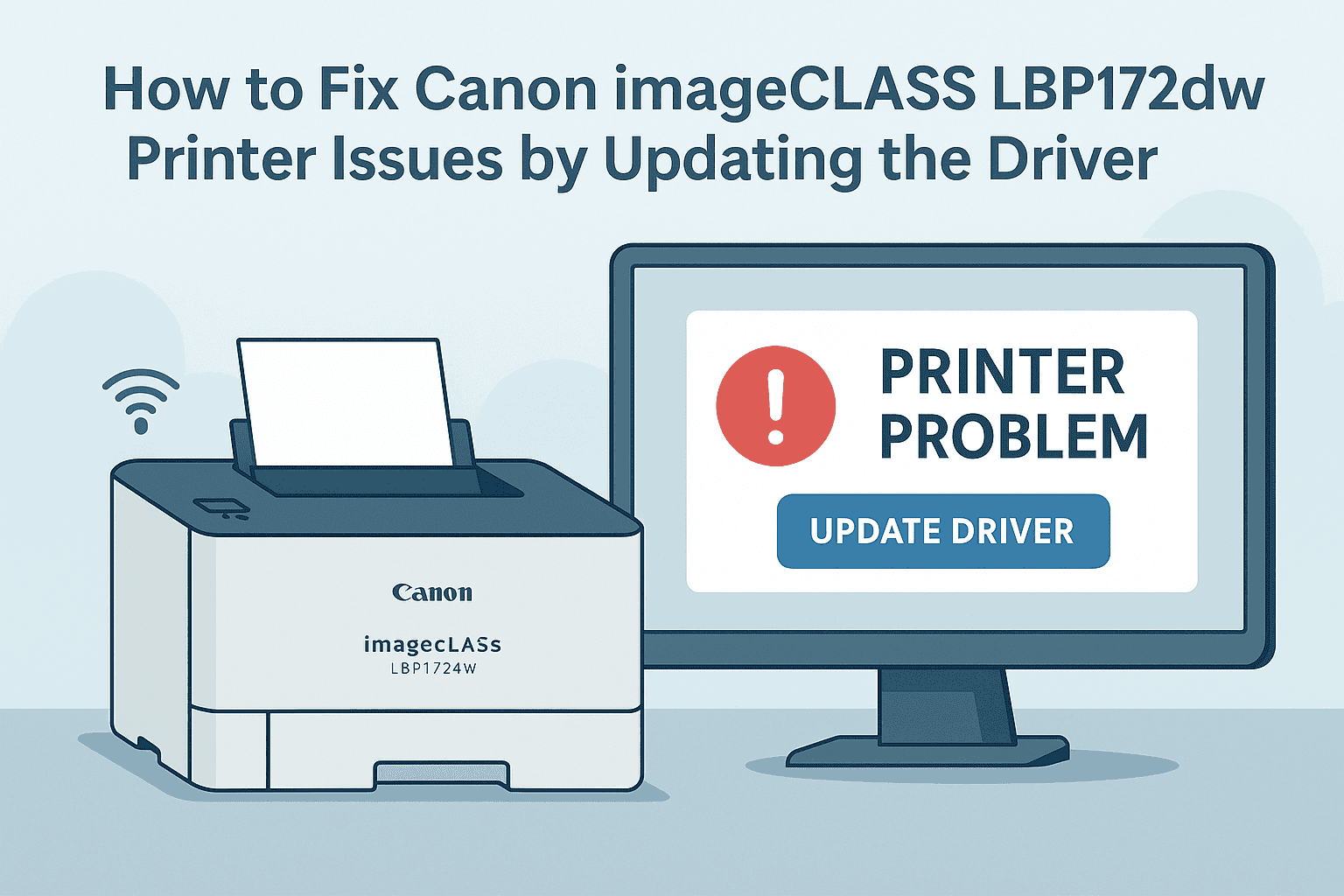 Illustration showing a Canon imageCLASS LBP172dw printer next to a computer monitor displaying a printer problem alert and an 'Update Driver' button.