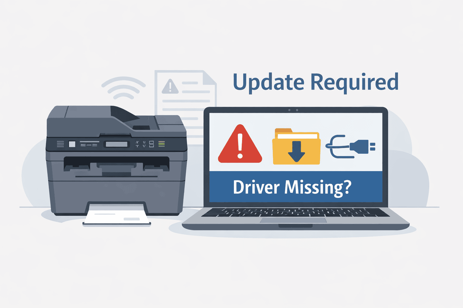 Brother DCP L2540DW printer next to a laptop displaying a “Driver Missing” warning, illustrating how outdated or missing printer software can cause printing issues and errors.