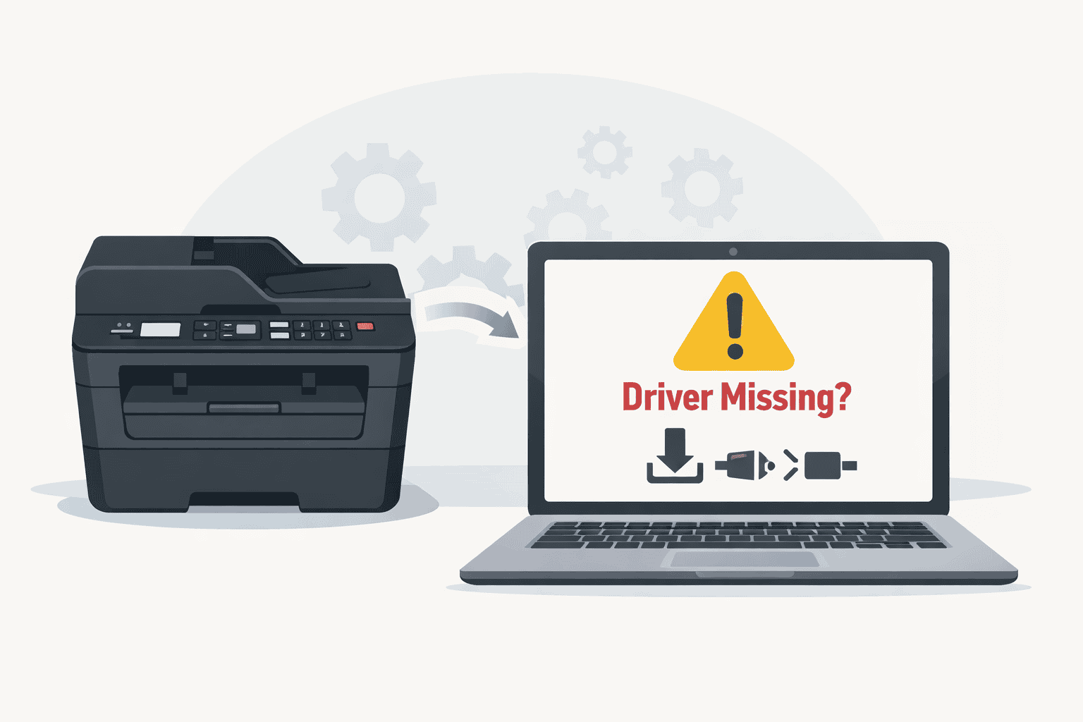 Brother DCP L2550DW printer beside a laptop showing a “Driver Missing?” warning, illustrating how outdated or missing drivers can cause printing issues and connection errors.