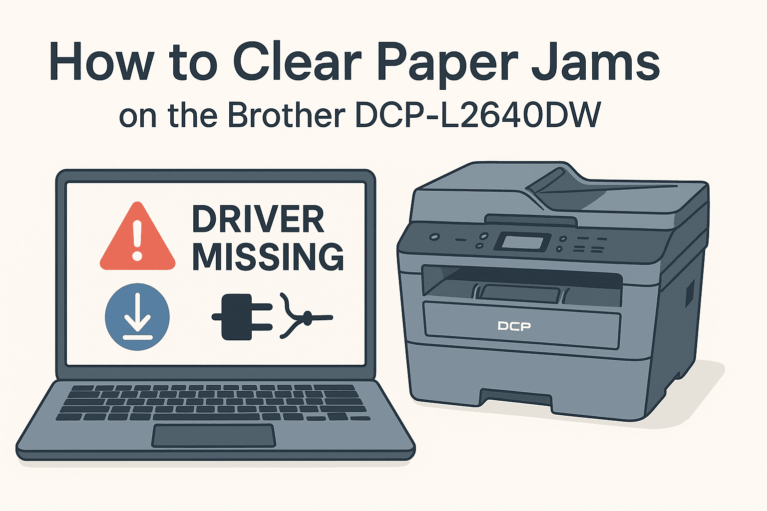 A Brother DCP-L2640DW printer sits beside a laptop showing a “Driver Missing” warning, representing connection issues caused by outdated or missing software.