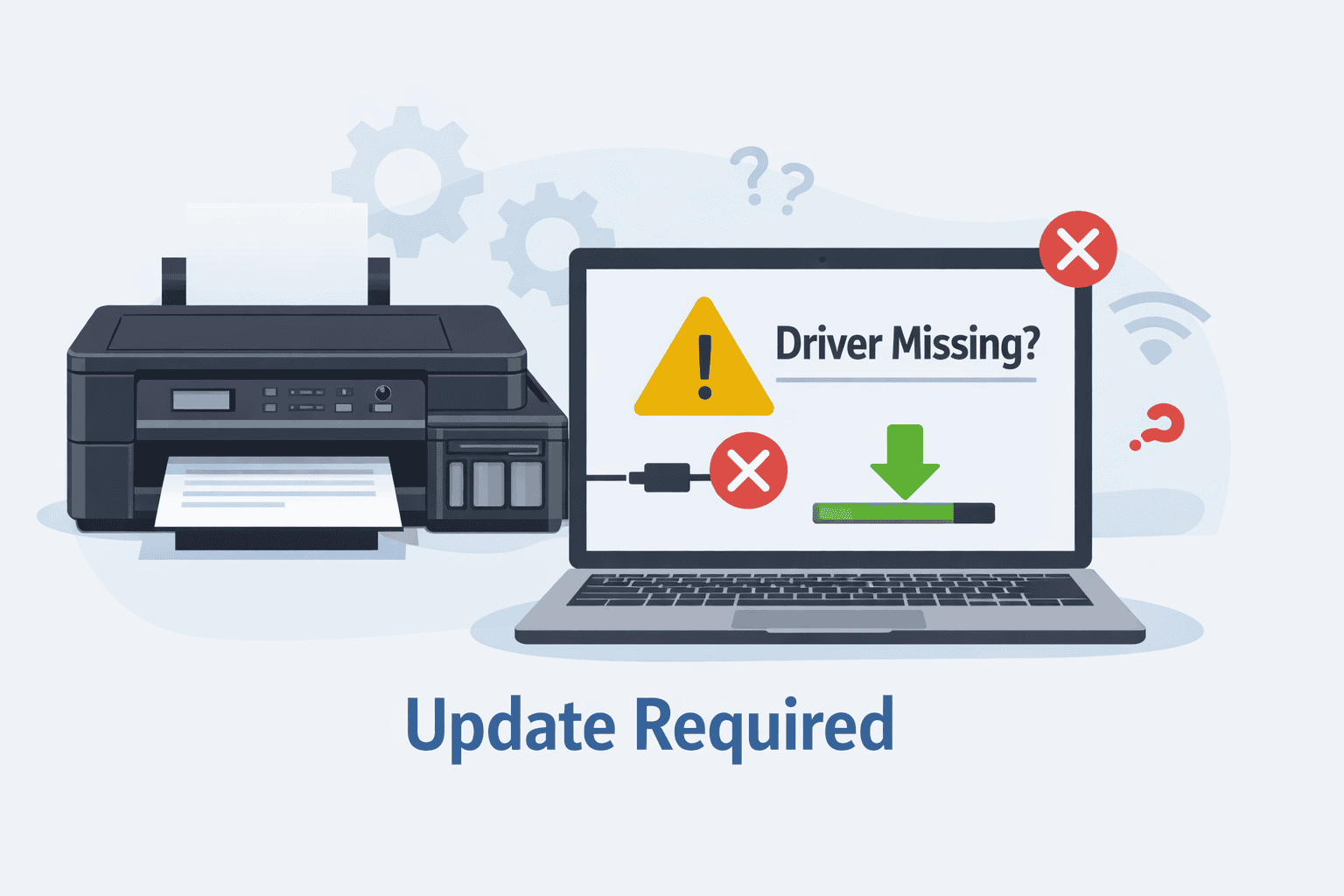 An illustration shows a Brother DCP-T720DW inkjet all-in-one printer next to a laptop displaying a warning message like “Driver Missing?” and an update prompt, indicating printing issues caused by outdated or missing printer drivers.