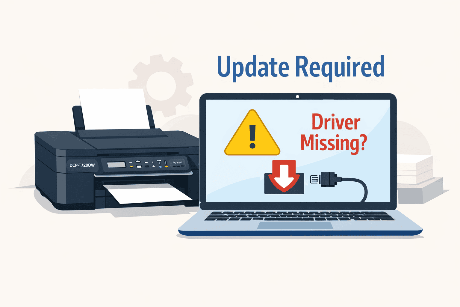 Illustration of a Brother DCP-T720DW Inkjet All-in-One printer beside a laptop showing a warning message about a missing or outdated printer driver.