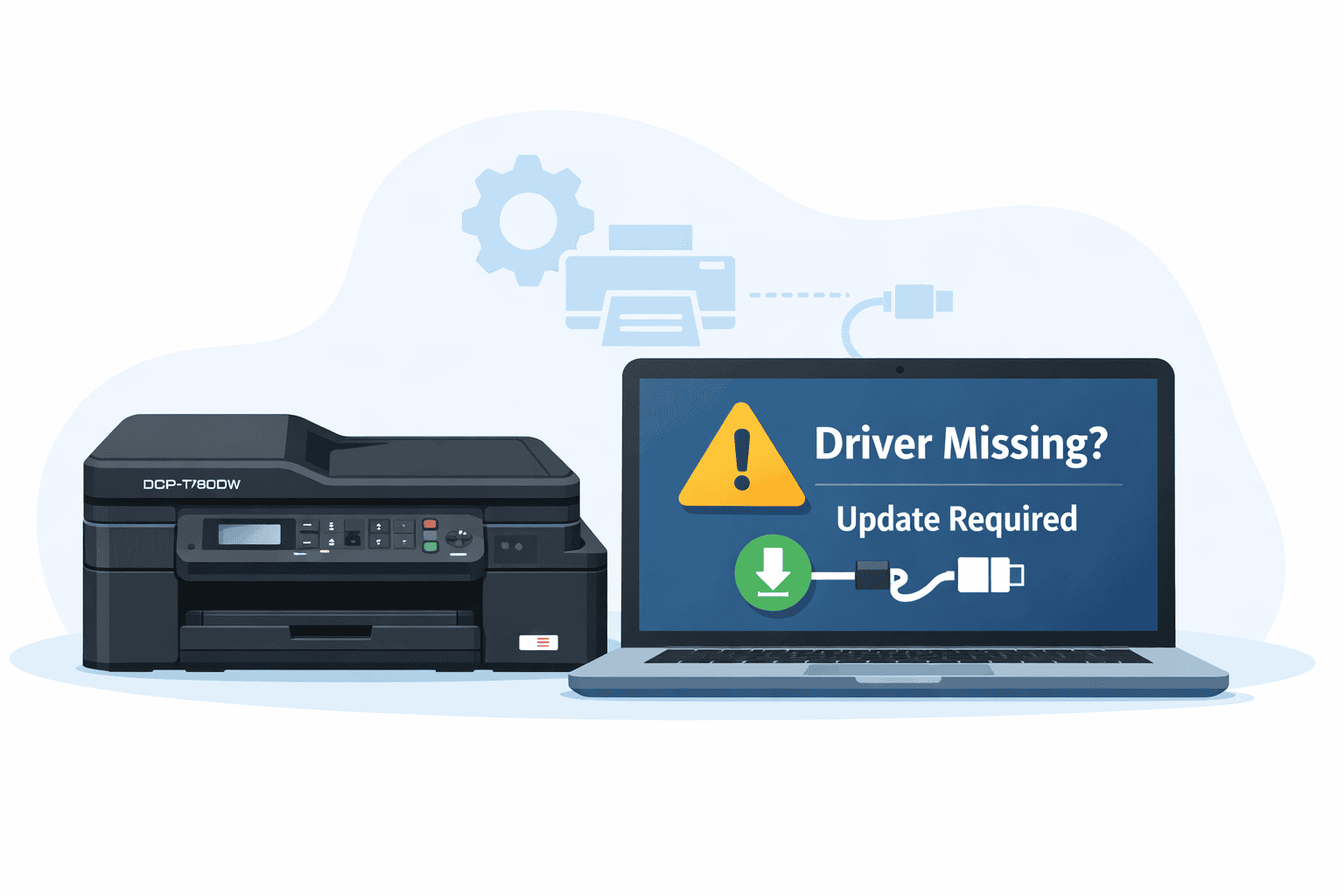 An illustration of the Brother DCP-T780DW printer next to a laptop showing a “Driver Missing” warning, highlighting how outdated or missing printer software can cause print jobs to fail or get stuck.