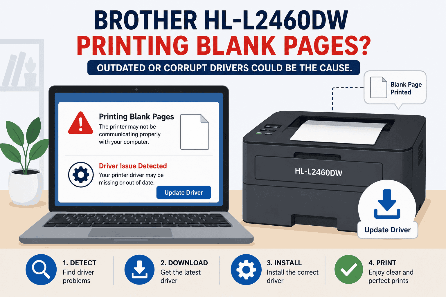 Brother HL-L2460DW printing blank pages beside a laptop showing a printer driver warning. The image illustrates how outdated or missing drivers can prevent the printer from producing documents correctly.