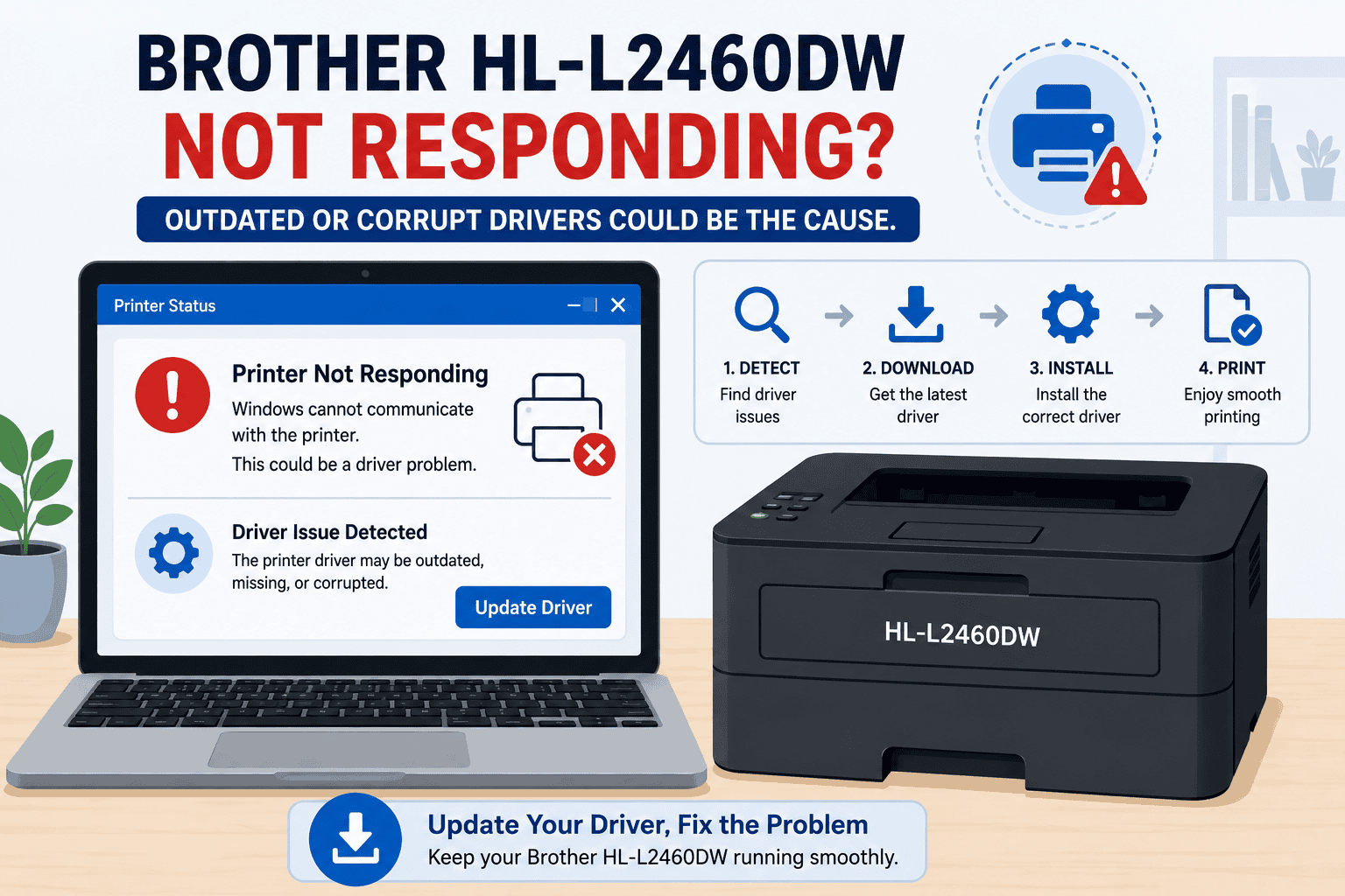 Brother HL-L2460DW printer beside a laptop displaying a “Printer Not Responding” warning and driver issue message. The image shows how outdated, missing, or corrupted drivers can prevent the printer from communicating with Windows.