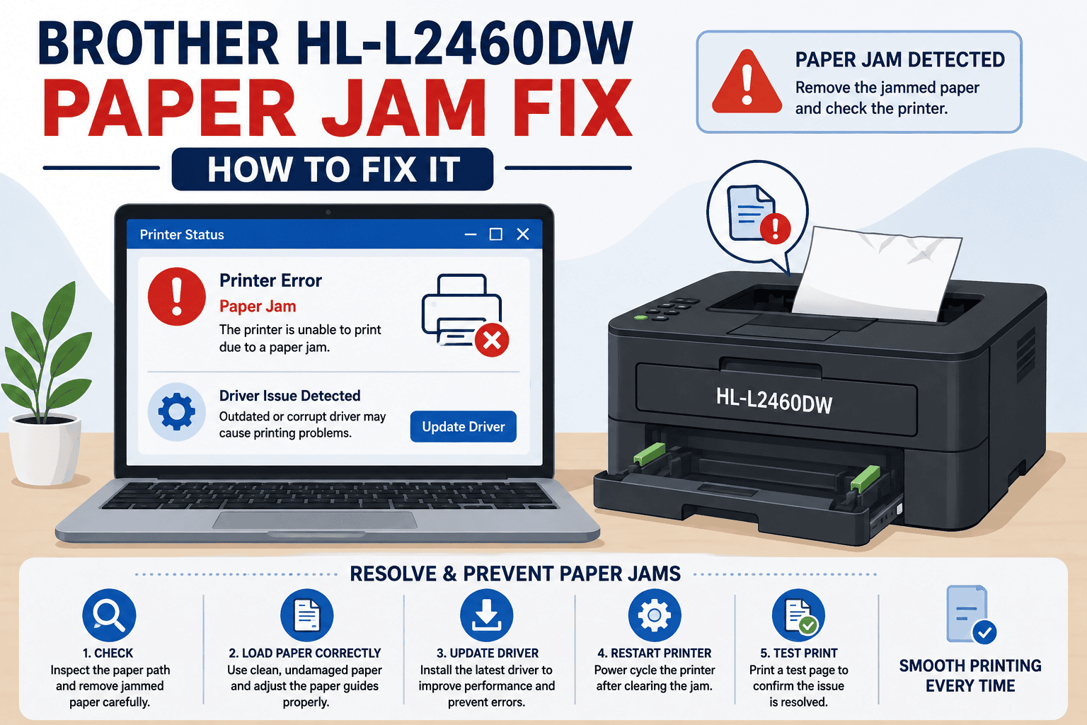 Brother HL-L2460DW printer with a laptop displaying a paper jam and driver error warning. The image highlights how outdated or corrupted drivers can contribute to printing problems and shows basic steps for clearing a jam.