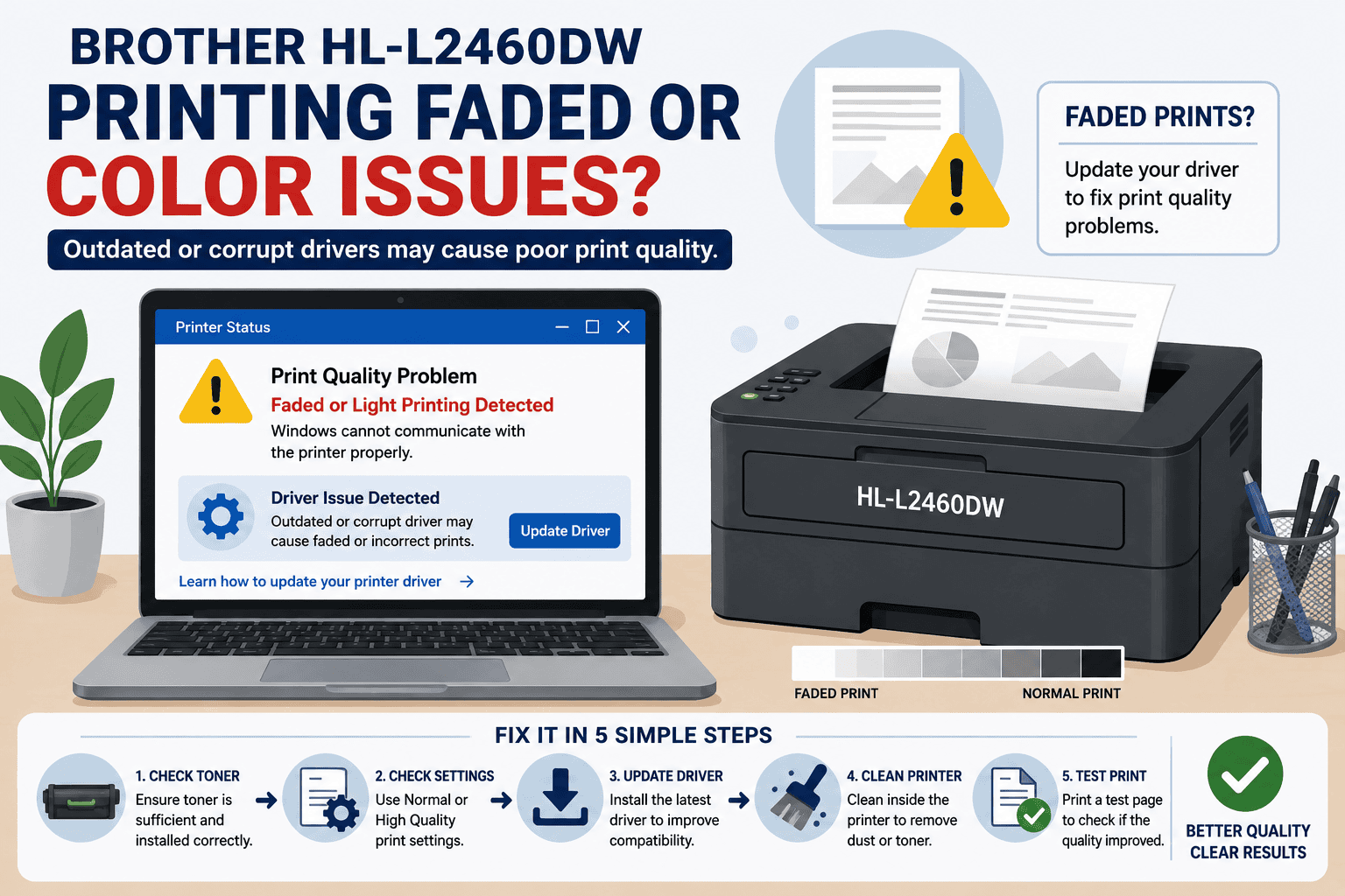 Brother HL-L2460DW shown beside a laptop displaying a faded print warning and outdated driver alert, illustrating how missing or corrupted printer software can cause poor print quality.