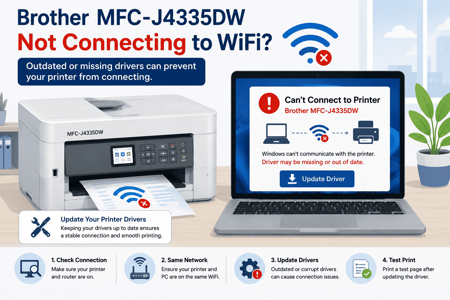 Brother MFC-J4335DW printer beside a laptop showing a WiFi connection error and driver update warning. The image highlights how outdated or missing drivers can prevent the printer from connecting to WiFi and cause printing problems.