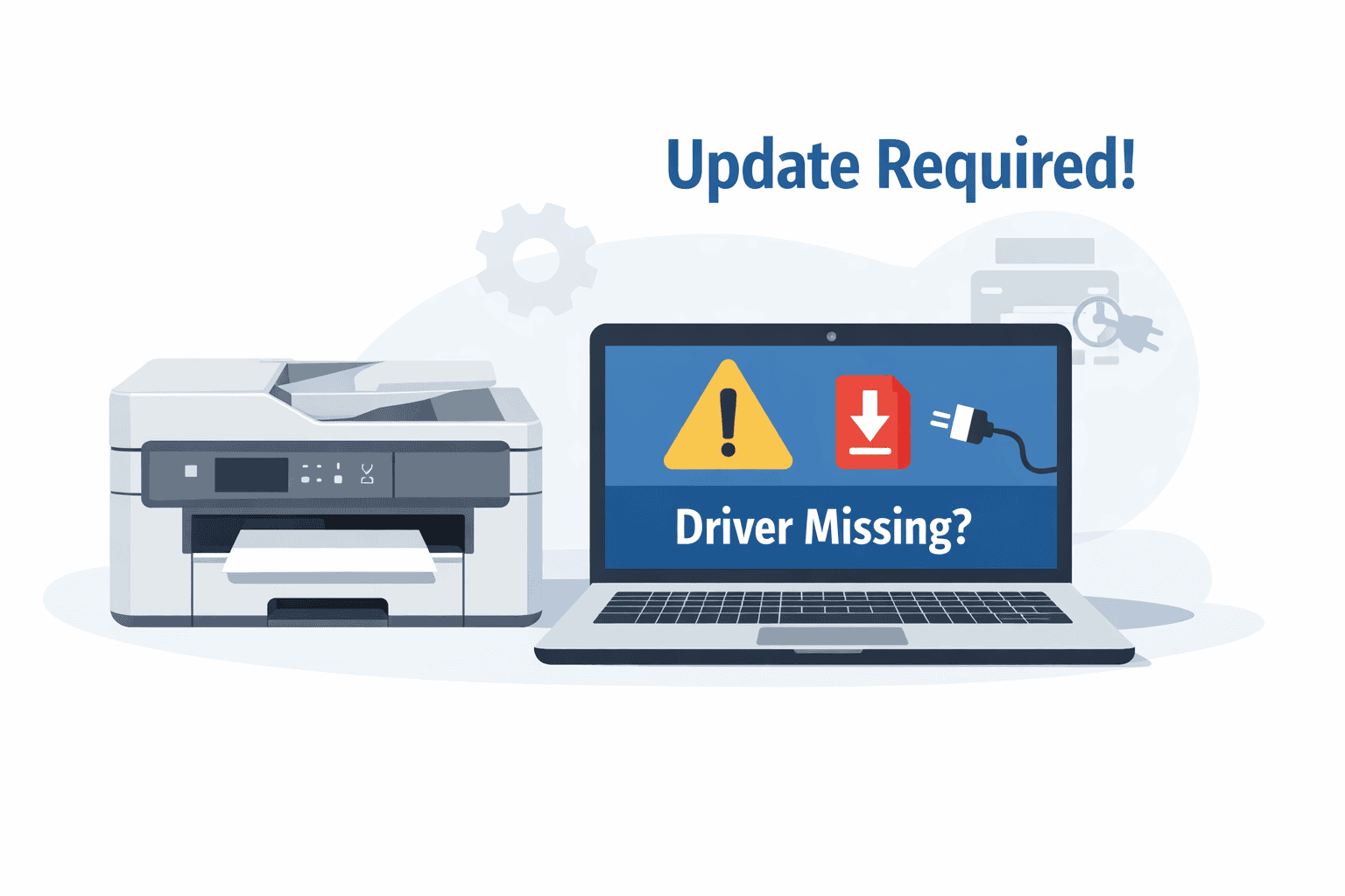 A digital illustration showing a Brother MFC-J4335DW printer next to a laptop displaying a driver warning message, highlighting printing problems caused by outdated or missing drivers.