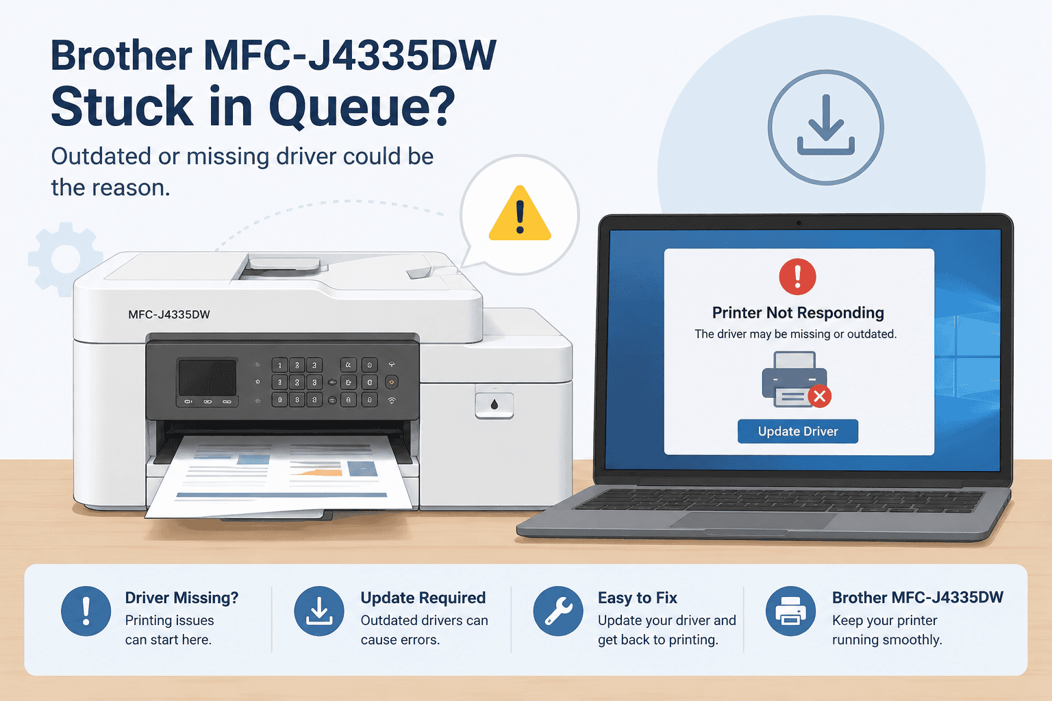 Brother MFC-J4335DW printer beside a laptop showing a “Printer Not Responding” warning, illustrating how outdated or missing drivers can cause printing problems.