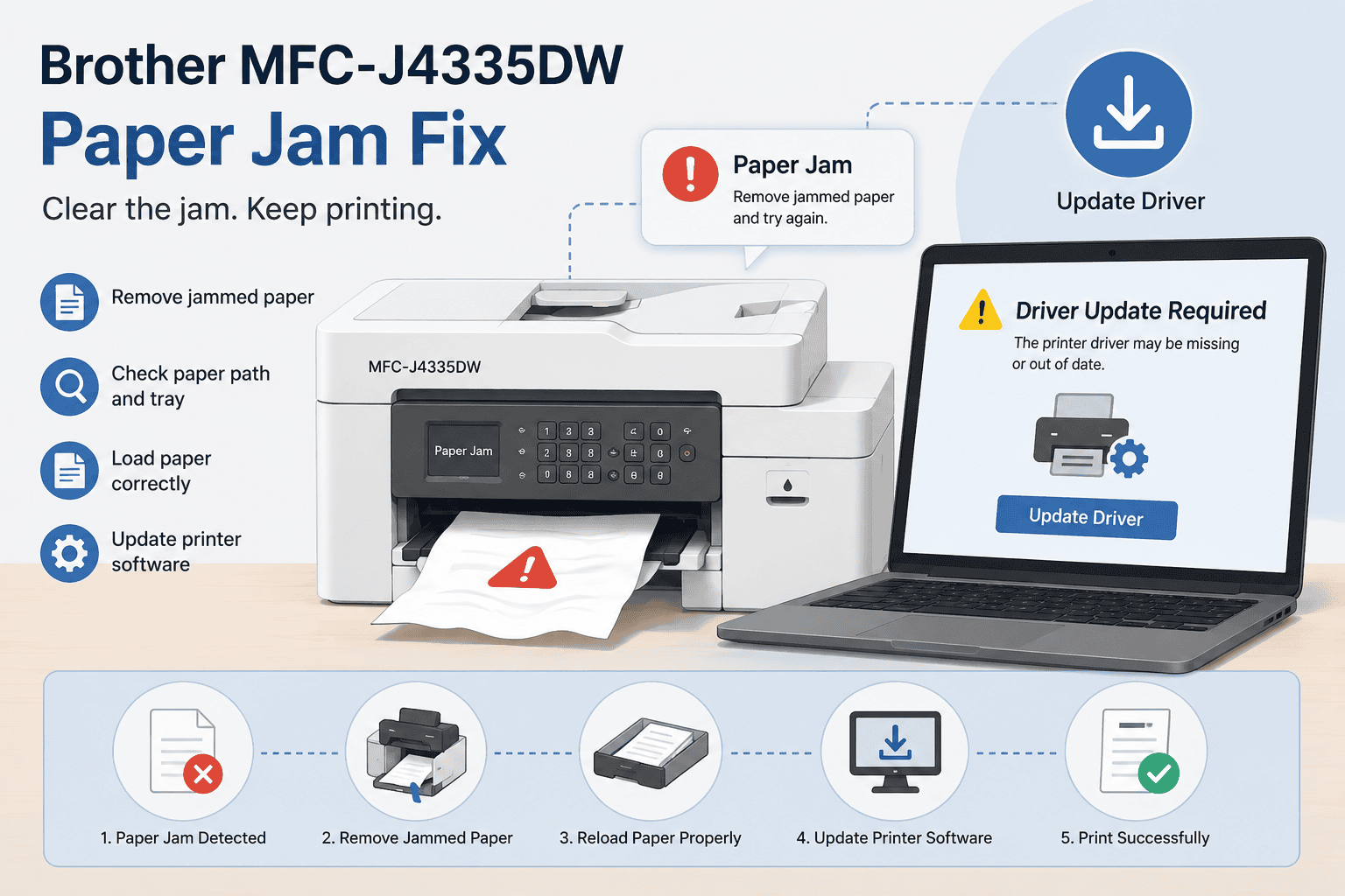 Brother MFC-J4335DW showing a paper jam beside a laptop displaying a driver update warning, illustrating how paper feed problems and outdated printer software can prevent successful printing.