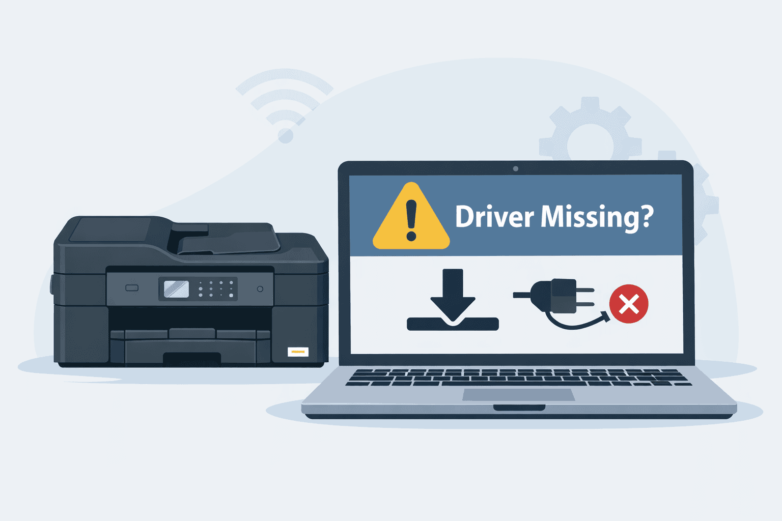 Brother MFC-J995DW printer beside a laptop displaying a “Driver Missing?” warning with an error icon, illustrating how outdated or missing drivers can prevent the printer from responding or printing properly from a computer.