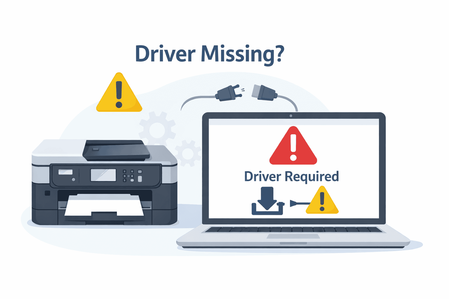 A Brother MFC-J4355DW printer is shown next to a laptop displaying a “Driver Required” warning with exclamation icons, illustrating printing issues caused by missing or outdated software.