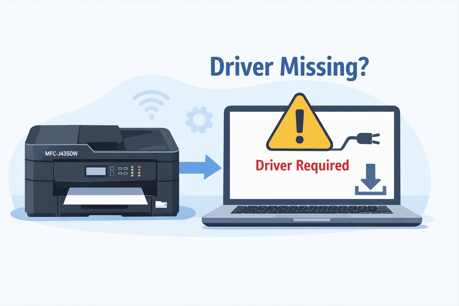 Brother MFC-J4355DW printer connected to a laptop displaying a “Driver Required” warning with a yellow alert icon, illustrating how outdated or missing printer software can cause printing issues and prevent the printer from responding.