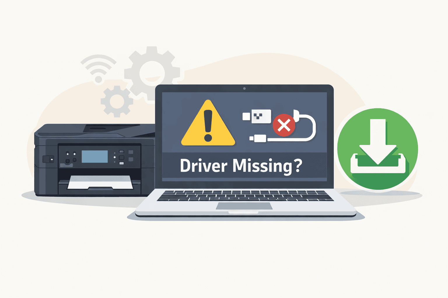 Brother MFC-J995DW printer next to a laptop displaying a “Driver Missing?” warning with an error icon, illustrating how outdated or missing drivers can cause printing problems and connection issues.