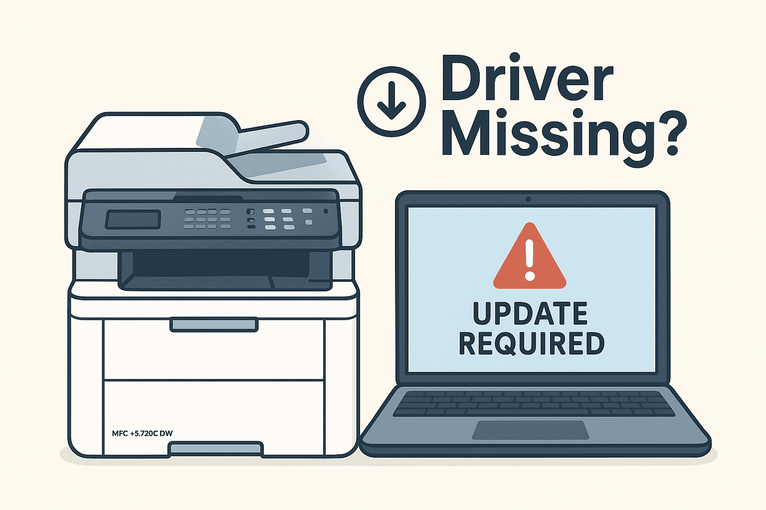 A Brother MFC-L3720CDW sits next to a laptop showing a warning icon and “Update Required,” indicating printing problems caused by outdated or missing drivers.