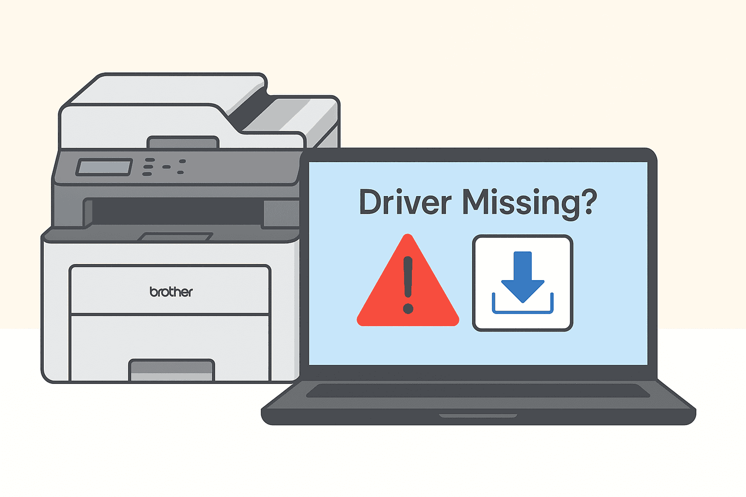 A Brother MFC-L3780CDW printer sits beside a laptop screen showing a red warning icon and a “Driver Missing?” message, illustrating a common issue where outdated or missing drivers cause printing problems.