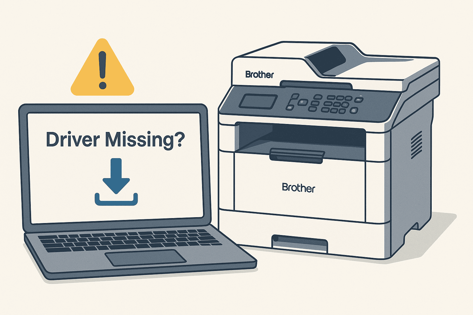 An illustration showing a Brother MFC-L3780CDW printer beside a laptop displaying a “Driver Missing?” warning and a download icon, symbolizing printer connection problems caused by outdated or missing drivers.