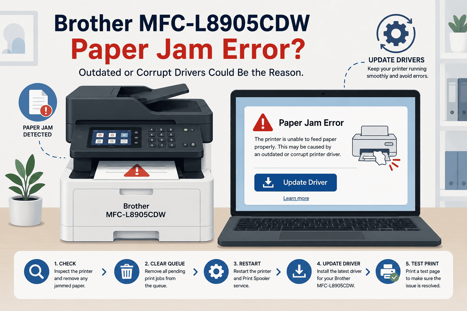 Brother MFC-L8905CDW printer is shown beside a laptop displaying a "Paper Jam Error" warning and an "Update Driver" prompt, illustrating how outdated or corrupted drivers can contribute to paper jam related printing issues.