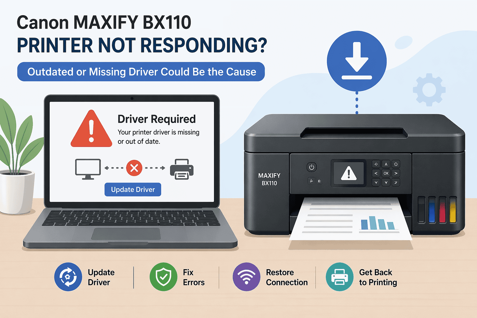 Canon MAXIFY BX110 printer displayed next to a laptop showing a “Driver Required” warning, illustrating how outdated or missing drivers can cause printing issues such as the printer not responding or failing to print.
