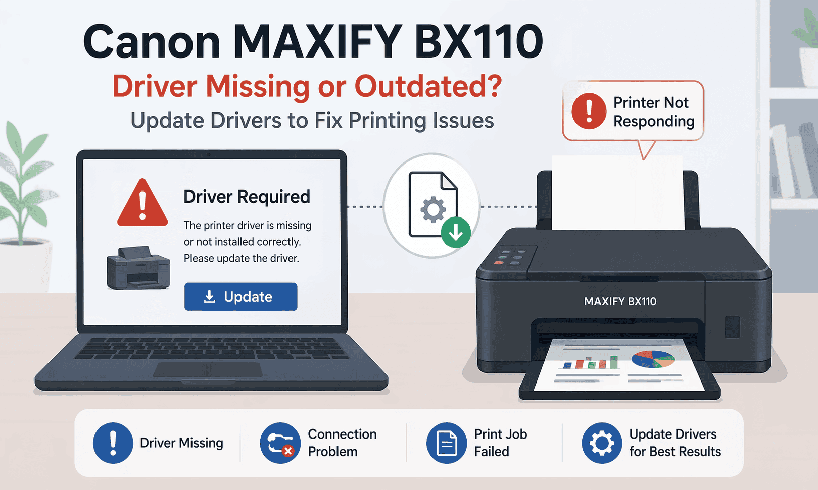 Illustration of a Canon MAXIFY BX110 printer connected to a laptop displaying a “Driver Required” warning, showing how missing or outdated drivers can prevent printing.