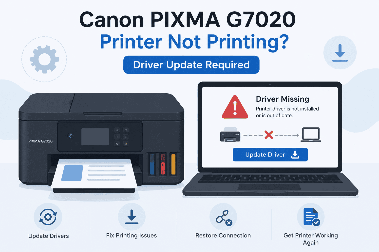 Canon PIXMA G7020 printer shown next to a laptop displaying a “Driver Missing” warning, highlighting how outdated or missing drivers can cause printing failures and connection issues.
