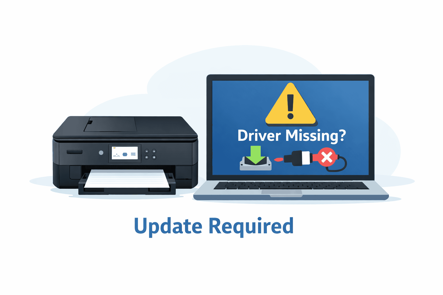 A Canon PIXMA TS7520a printer is shown next to a laptop displaying a “Driver Required” warning, illustrating an outdated or missing printer software issue. The scene emphasizes fixing printing problems by updating the software.