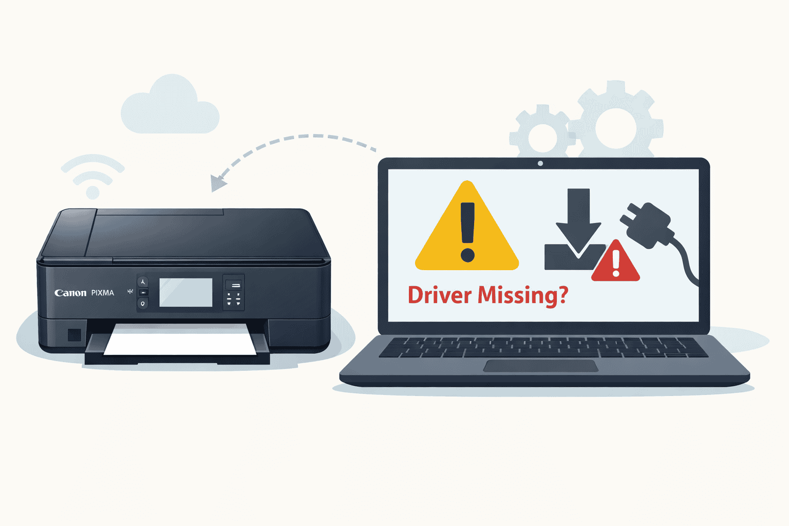 Canon PIXMA TS7520 printer beside a laptop displaying a “Driver Missing?” warning with alert icons, showing how outdated or missing drivers can prevent the printer from connecting and printing properly.