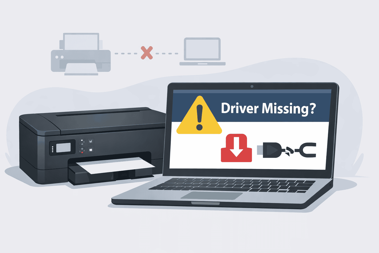 Canon PIXMA TS6420a printer beside a laptop displaying a “Driver Missing?” warning with an alert icon and download symbol. The image represents printing problems caused by outdated or missing printer drivers.