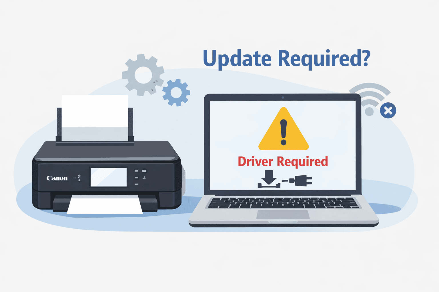 Canon PIXMA TS8820 printer next to a laptop displaying a “Driver Required” warning, illustrating how outdated or missing printer software can prevent printing tasks.