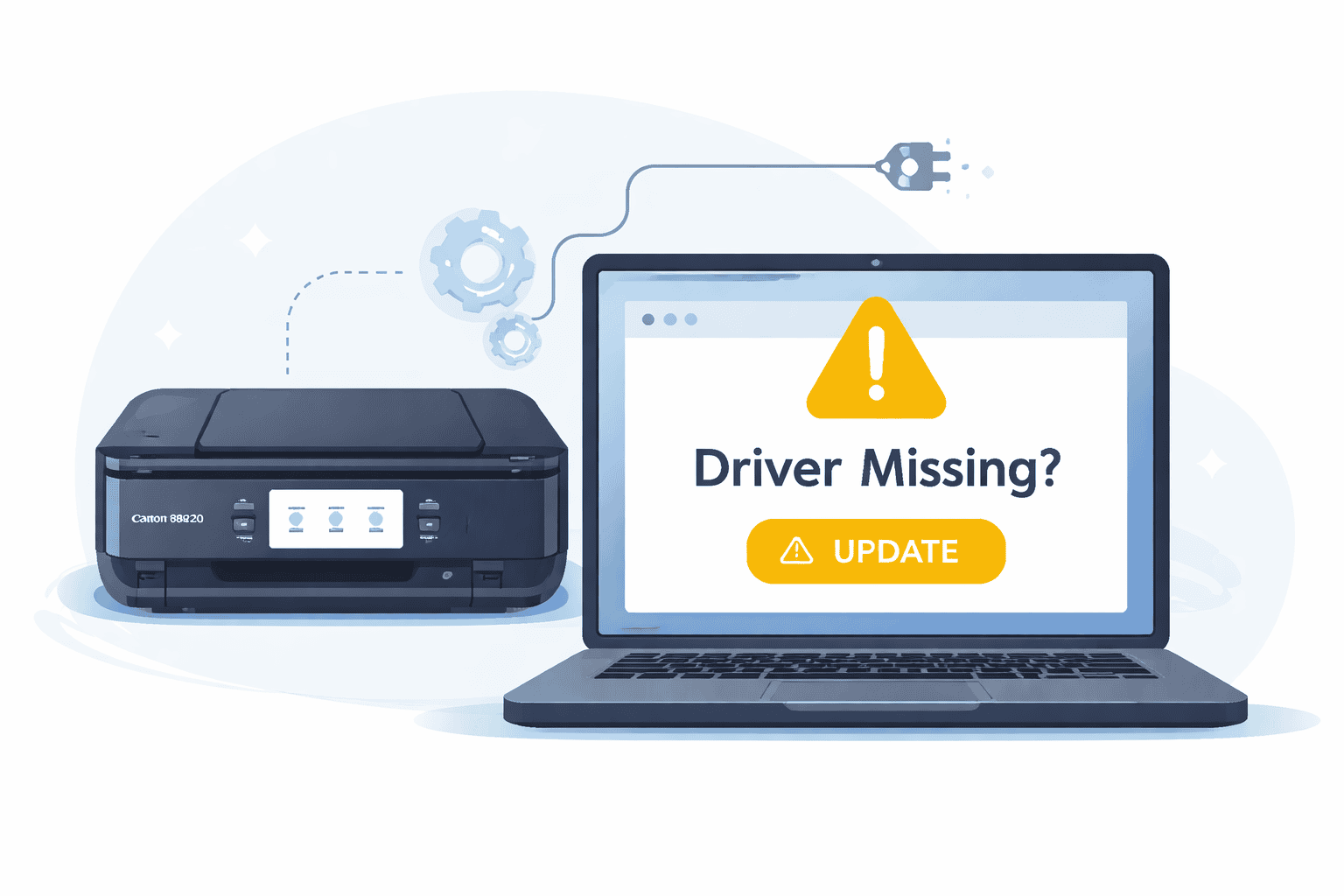 Canon PIXMA TS8820 printer connected to a laptop showing a “Driver Missing” warning, illustrating how outdated or missing printer drivers can prevent printing.