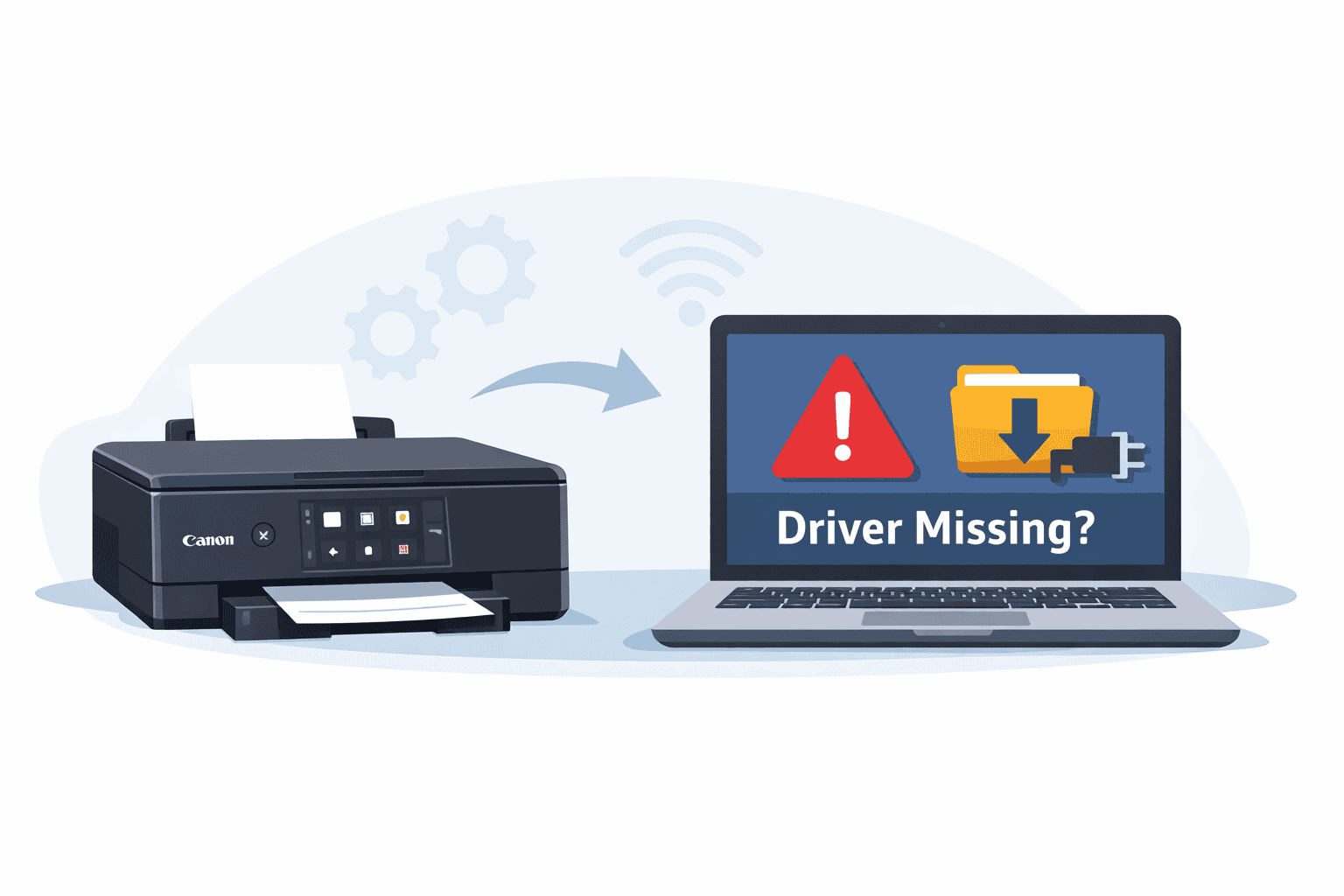 Illustration of a Canon PIXMA TS8820 printer connected to a laptop showing a “Driver Required” warning, representing printing issues caused by outdated or missing printer software.