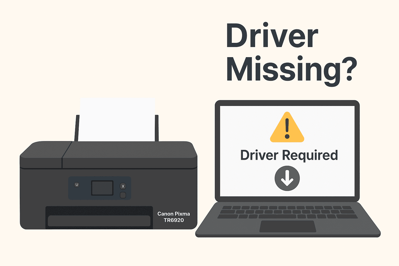 A Canon Pixma TR8620 printer sits beside a laptop showing a “Driver Required” warning with a yellow exclamation mark, representing printing problems caused by missing or outdated drivers.
