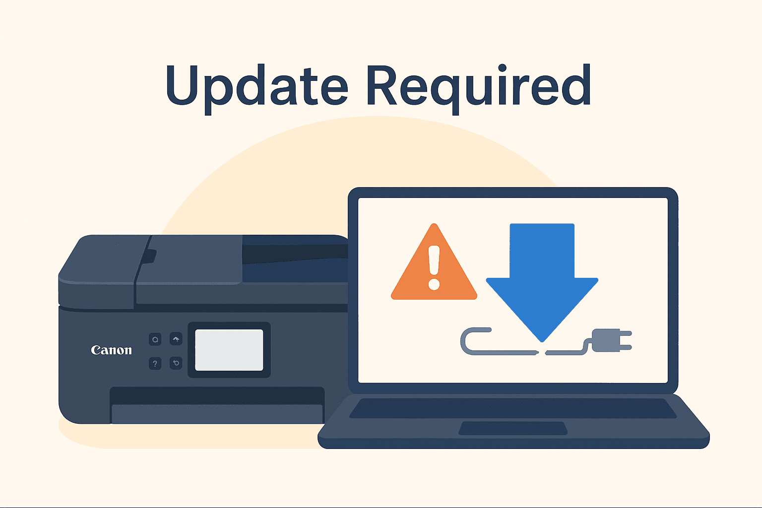 A Canon Pixma TR8620 printer sits beside a laptop showing an “Update Required” warning with an exclamation mark and download icon, illustrating a common printing issue caused by outdated or missing drivers.