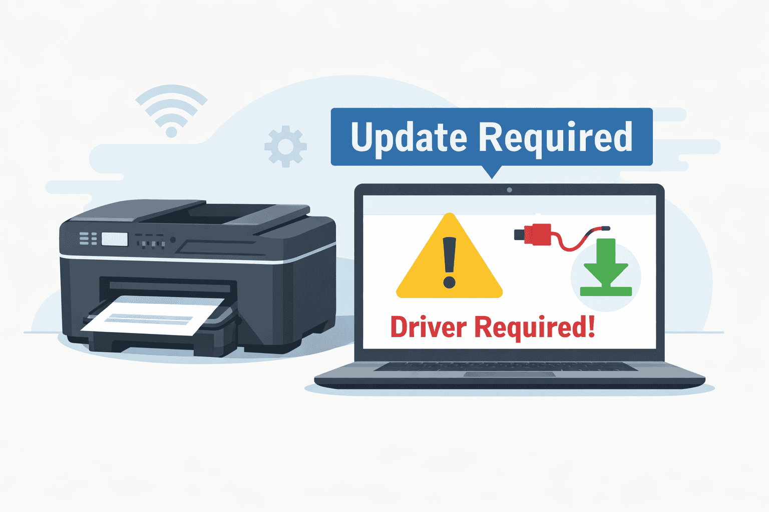 Canon Printer is connected to a laptop showing a “Driver Required” warning and update icon, illustrating how outdated or missing drivers can prevent printing.