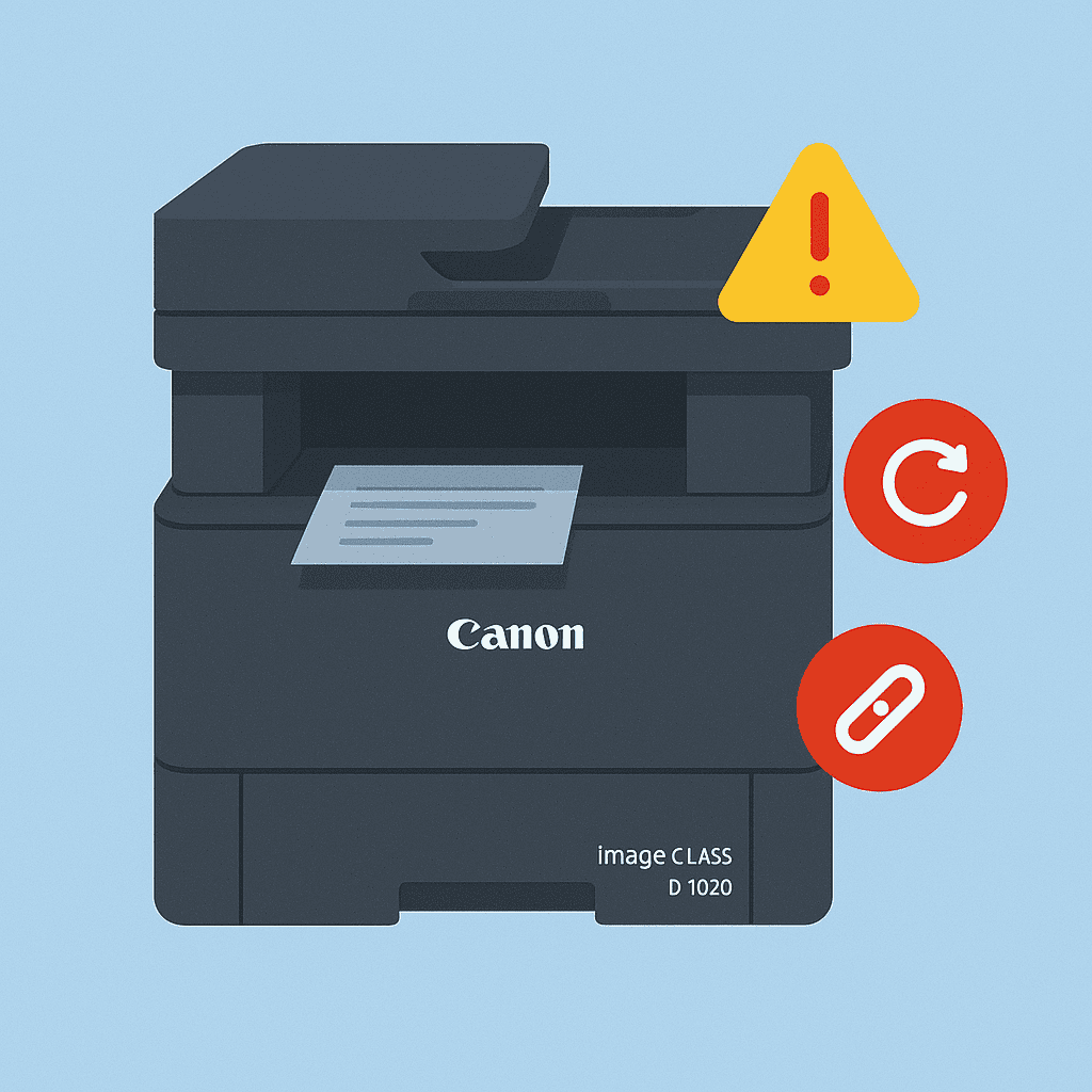 Illustration of a Canon imageCLASS D1620 printer next to a pop-up warning on a computer screen, highlighting a connectivity or driver-related issue that can be fixed by updating the printer driver.