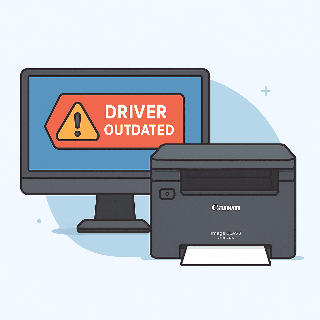 Illustration of a Canon imageCLASS LBP122dw printer next to a computer screen displaying a driver error notification, emphasizing how outdated or missing drivers can cause common printing problems.