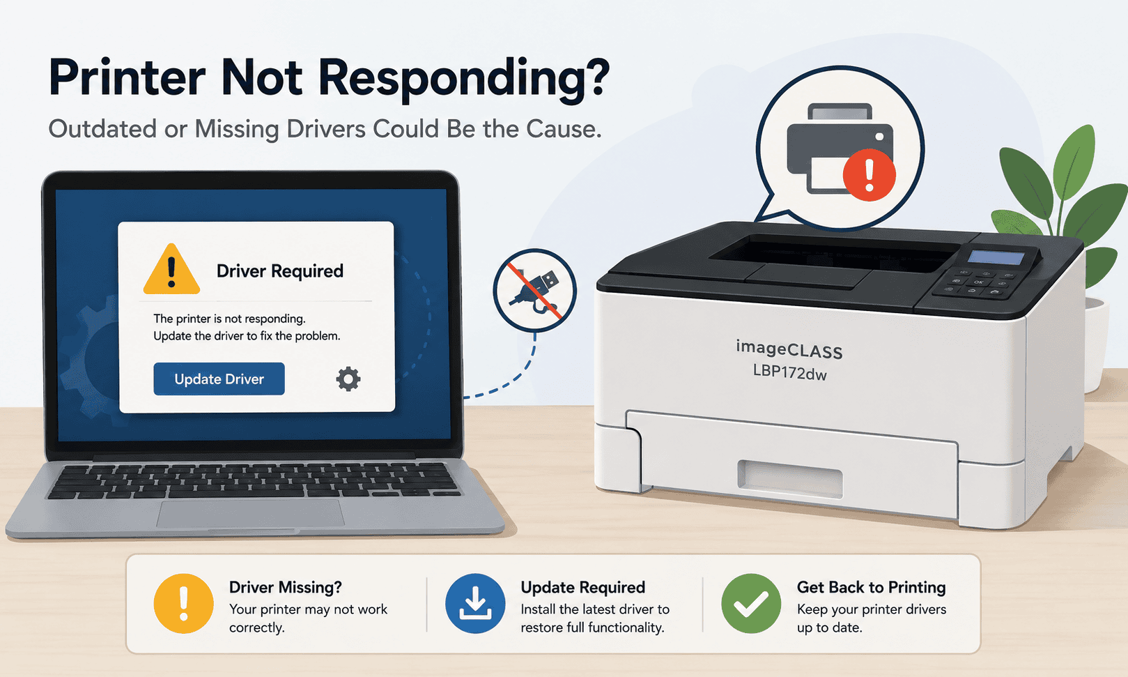 Canon imageCLASS LBP172dw printer beside a laptop displaying a “Driver Required” warning message, showing how outdated or missing printer drivers can cause printing and connection problems on Windows computers.
