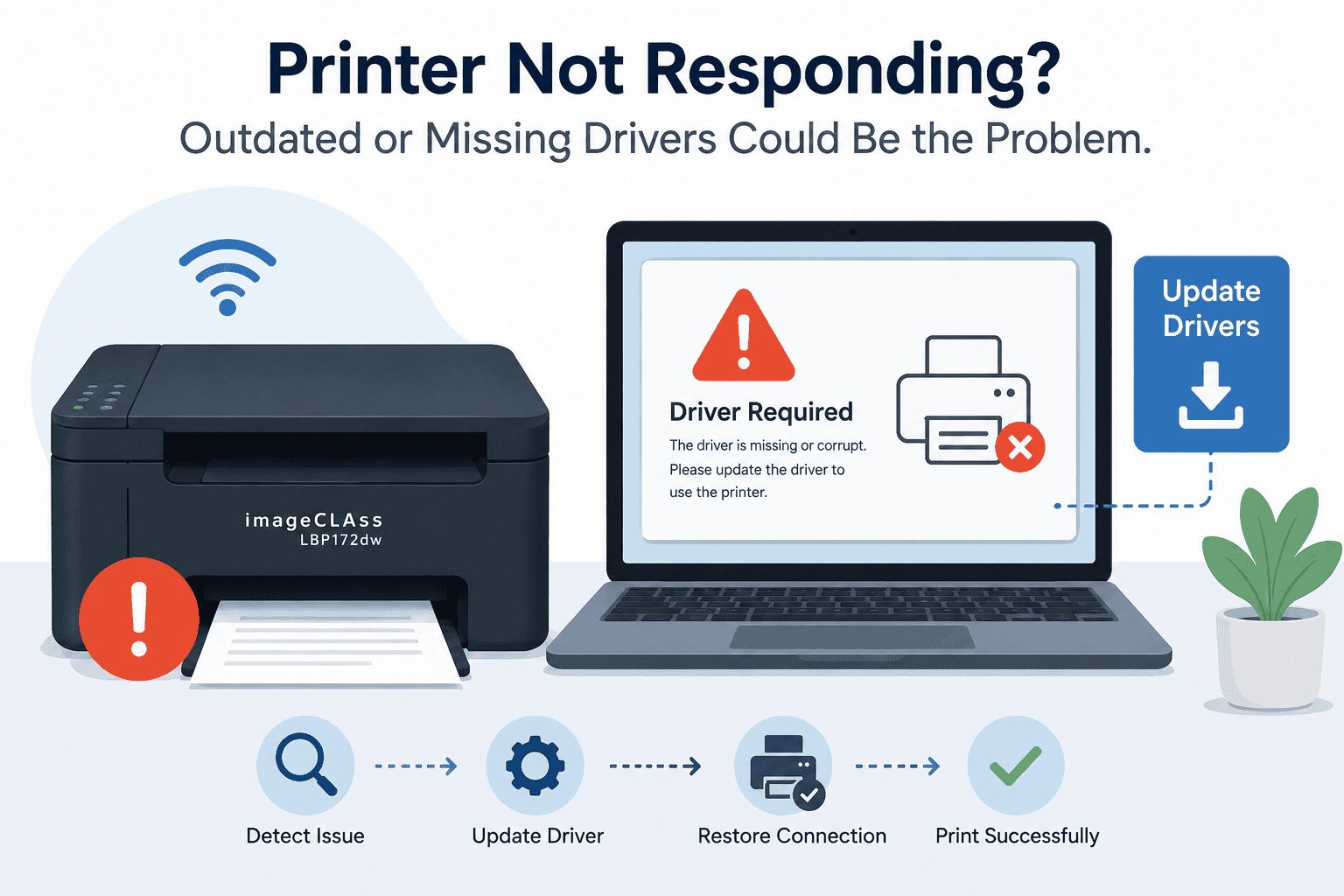 Illustration of a Canon imageCLASS LBP172dw printer beside a laptop showing a “Driver Required” error, highlighting how outdated or missing drivers can cause printing issues. Icons indicate updating the software to restore connection and resume printing.