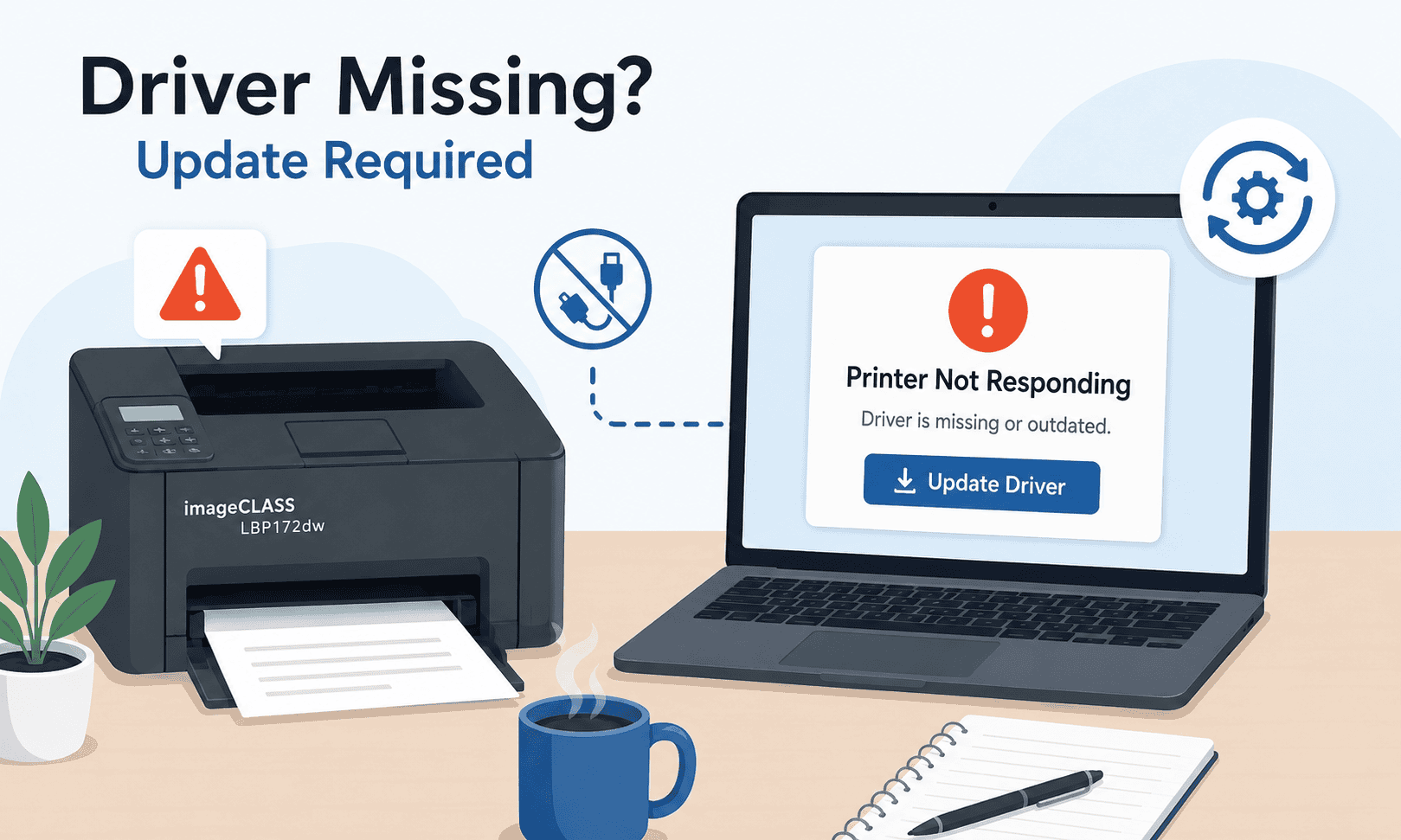 Canon imageCLASS LBP172dw printer connected to a laptop showing a driver update warning and printer not responding message, illustrating outdated or missing printer software causing printing problems on Windows.