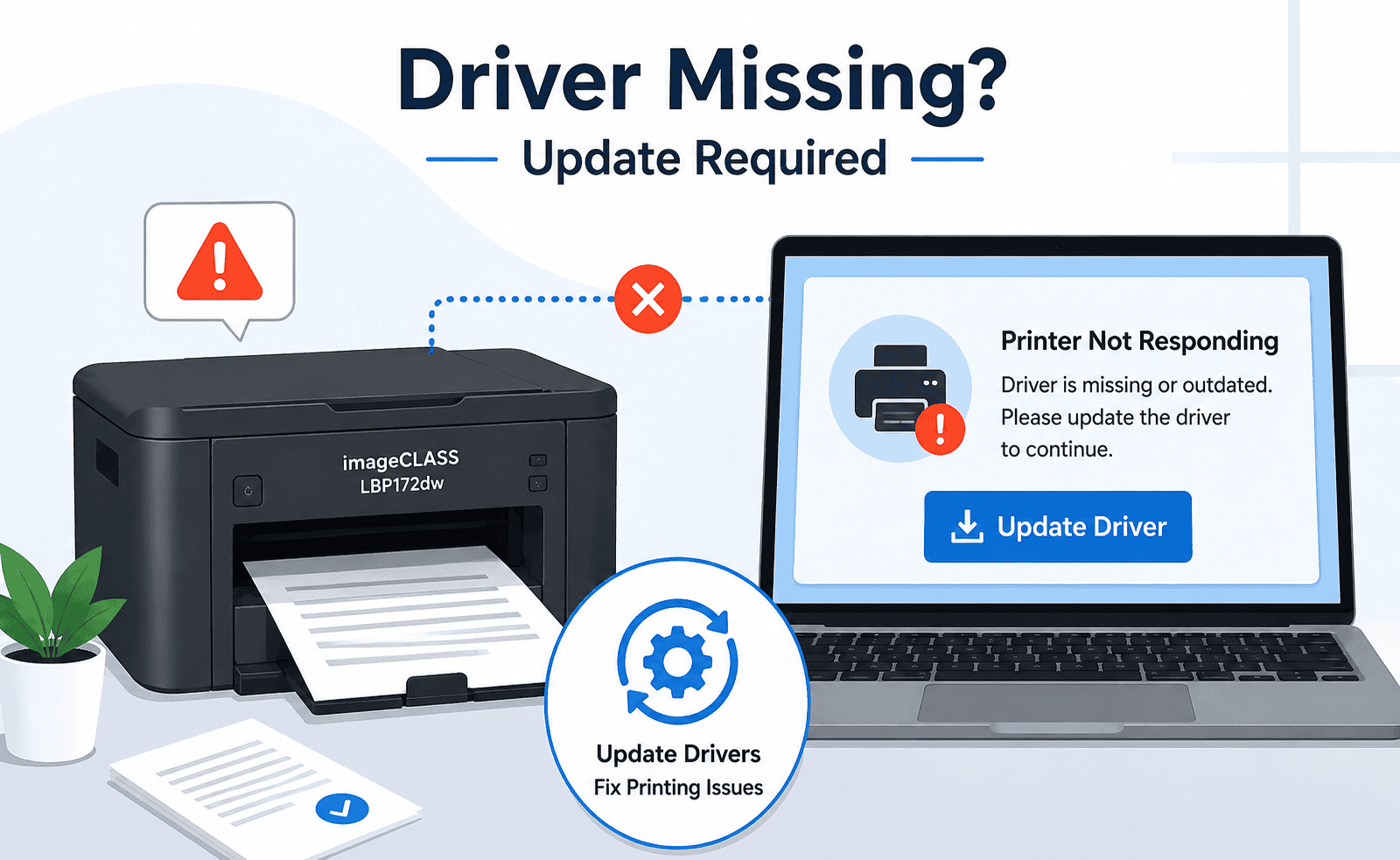Canon imageCLASS LBP172dw printer connected to a laptop displaying a “Driver Missing” warning and update prompt.