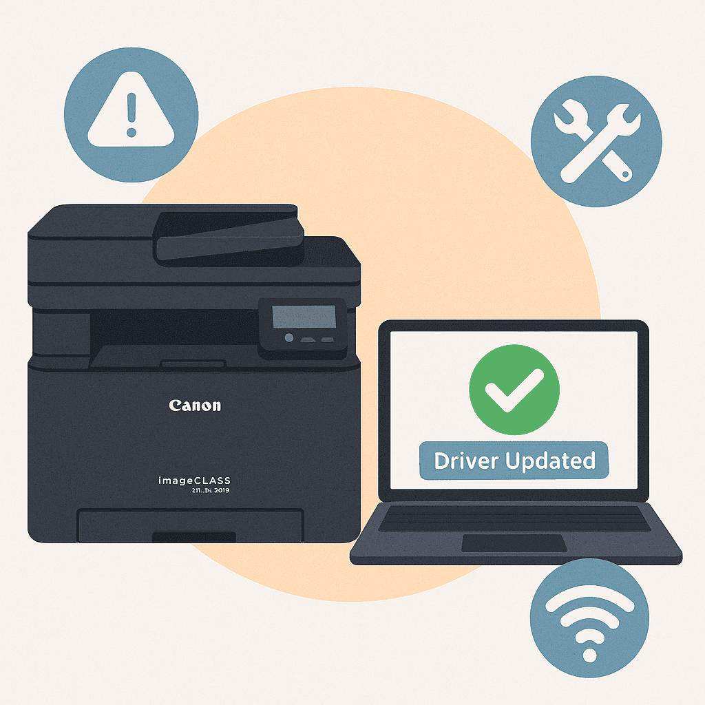 Flat-style digital illustration of a Canon imageCLASS LBP246dw printer beside a desktop computer displaying a driver update window, with icons representing error resolution, wireless setup, and printing readiness.