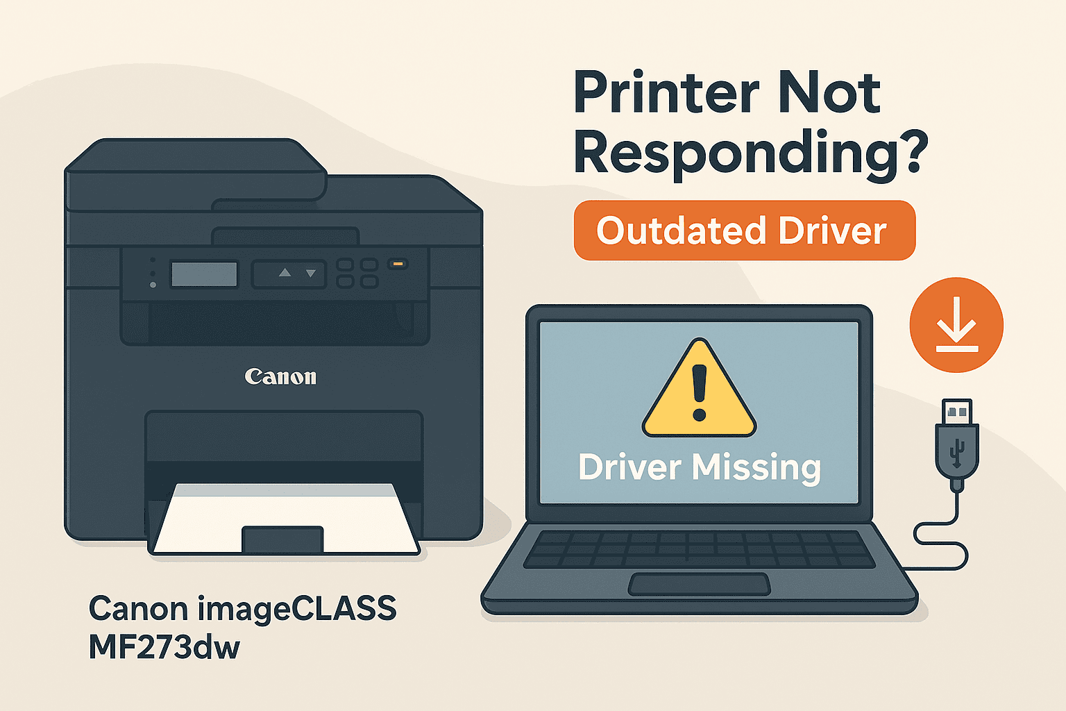 Illustration of a Canon imageCLASS MF273dw printer with warning symbols indicating a printing error. The visual metaphorically represents driver-related issues, making it ideal for a blog post about fixing printer problems by updating drivers.