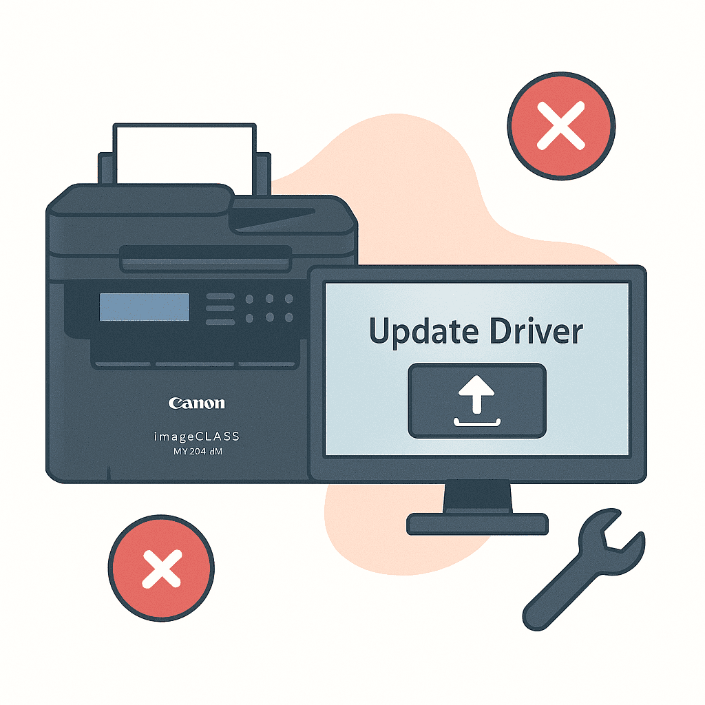 Flat-style digital illustration features a Canon imageCLASS MF284dw printer beside a desktop computer displaying a troubleshooting screen, with visual cues for wireless setup, printer errors, and driver repair steps.