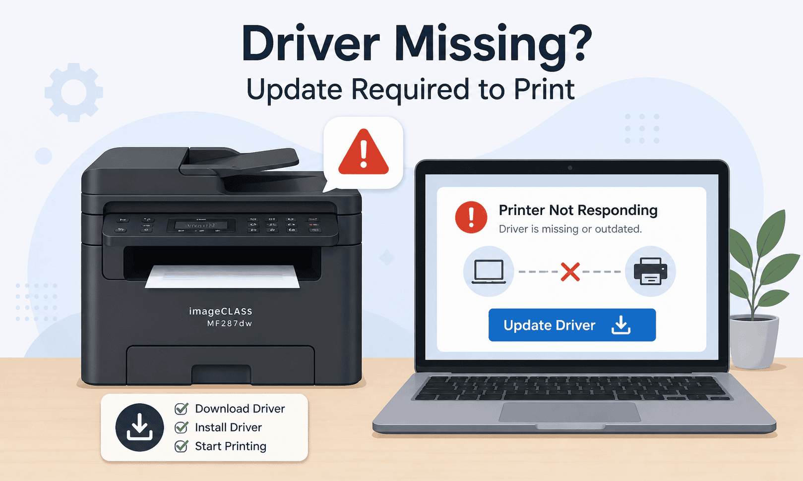 The image shows a clean, modern setup with the Canon imageCLASS MF287dw and a laptop displaying a “printer not responding” warning tied to missing or outdated software.