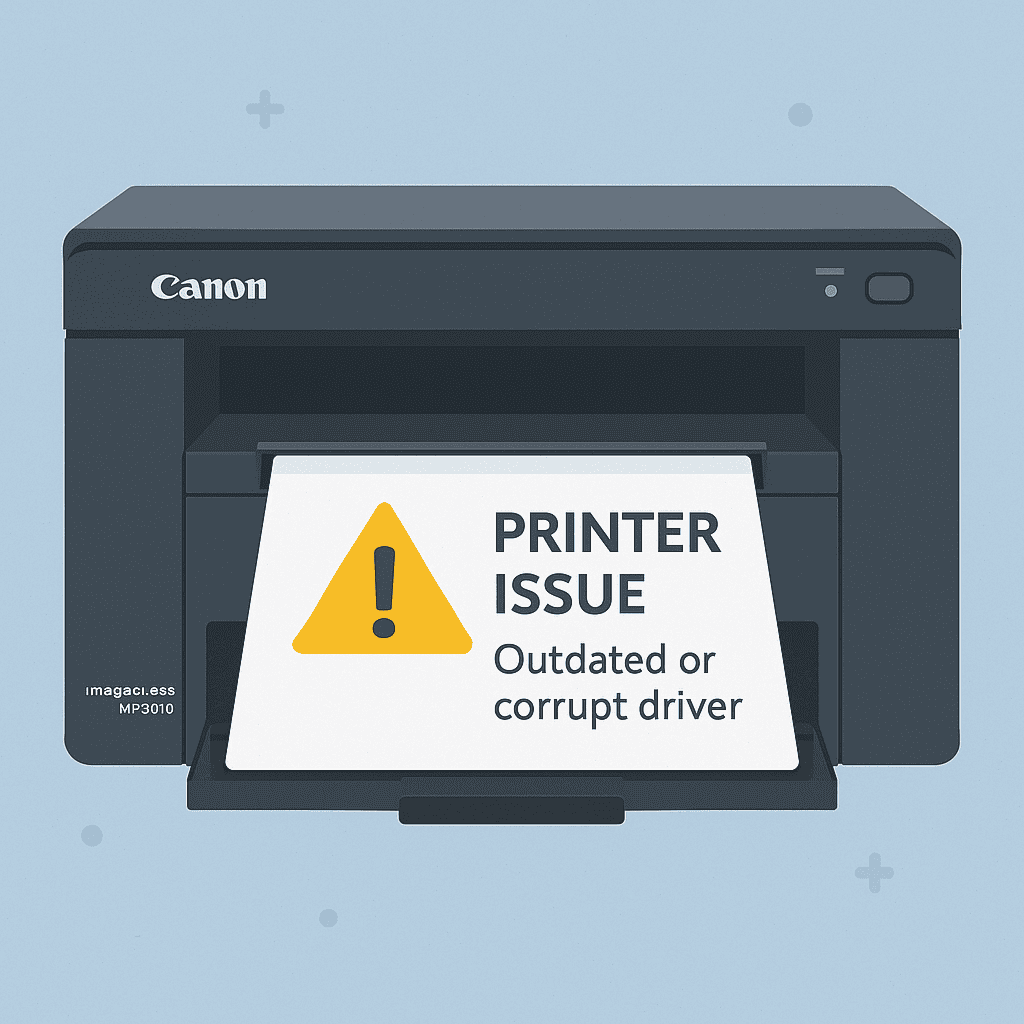Flat-style digital illustration displays a Canon imageCLASS MF3010 printer with a warning symbol and an error message bubble, visually representing a driver-related malfunction requiring troubleshooting.