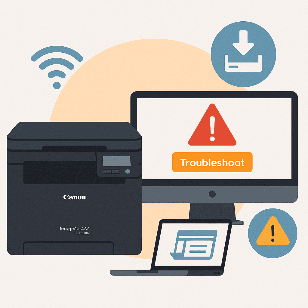 Flat-style digital illustration of a Canon imageCLASS MF465dw printer next to a laptop screen showing a completed driver update, surrounded by elements symbolizing troubleshooting, connection repair, and improved functionality.